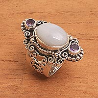 Rainbow moonstone and amethyst cocktail ring, 'Glimpse of Sukawati' - Rainbow Moonstone and Amethyst Cocktail Ring from Bali