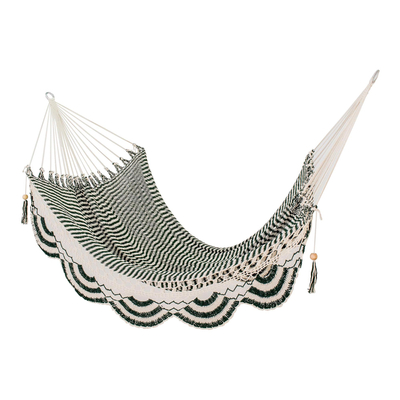 Cotton rope hammock, 'Forest Rest' (single) - Handwoven Cotton Rope Hammock in Forest Green and Eggshell