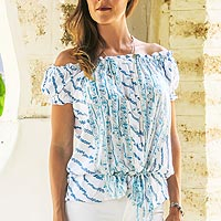 Rayon off-the-shoulder blouse, 'Azure Helix' - Helix Motif Rayon Off-The-Shoulder Blouse from Bali