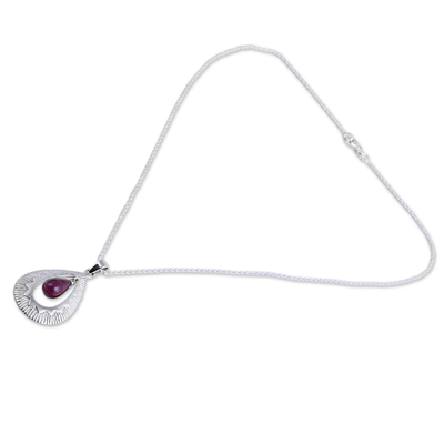 Ruby pendant necklace, 'Ruby Grandeur' - Handcrafted Silver Ruby Pendant Chain Necklace from India