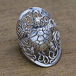 Sea Turtle Sterling Silver Cocktail Ring from Bali, 'Elegant Sea Turtle'