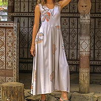 A-Linien-Kleid aus Baumwolle, „Buff Designs“ – Bedrucktes Rayon-A-Linien-Kleid in Buff aus Bali