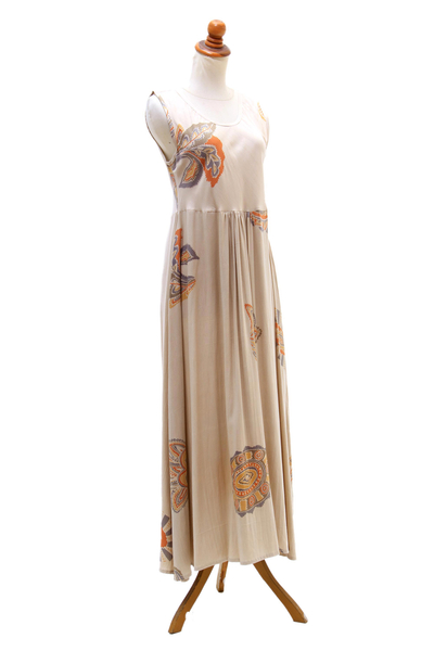 Kleid in A-Linie aus Baumwolle - Bedrucktes Rayon-A-Linien-Kleid in Buff aus Bali