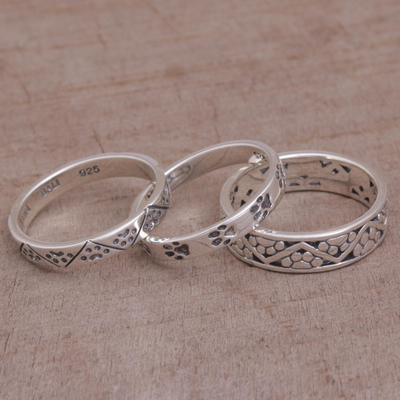Sterling silver stacking rings, 'Animal Trails' (set of 3) - Set of Three 925 Sterling Silver Paw Print Rings from Bali