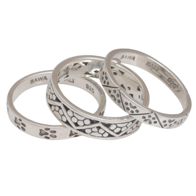Sterling silver stacking rings, 'Animal Trails' (set of 3) - Set of Three 925 Sterling Silver Paw Print Rings from Bali