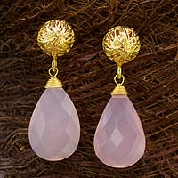 Gold vermeil dangle earrings, 'Pink Serenade' - Artisan Jewelry Gold Vermeil and Chalecedony Earrings