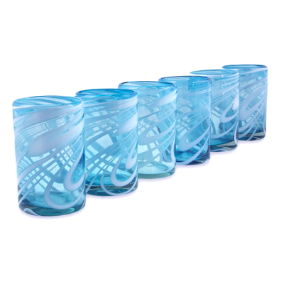 Blown glass water glasses, 'Whirling Aquamarine' (set of 6) - 6 Mexican Hand Blown 15 oz Water Glasses in Aqua and White