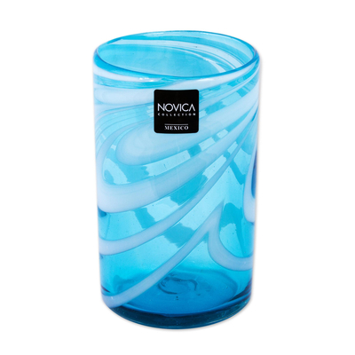 Wassergläser aus mundgeblasenem Glas, (6er-Set) - 6 mexikanische mundgeblasene 15-Unzen-Wassergläser in Aqua und Weiß