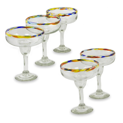 Blown glass margarita glasses, 'Confetti Path' (set of 5) - Set of 5 Artisan Crafted Blown Glass Margarita Glasses