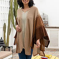 100% alpaca poncho, 'Subtle Paths in Brown' - 100% Alpaca Poncho with Brown Patterns from Peru