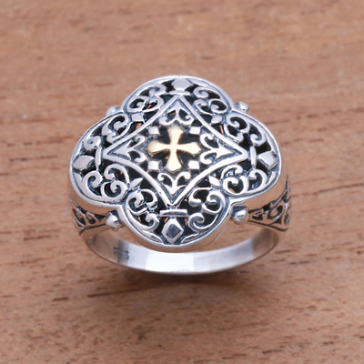 Gold accented sterling silver signet ring, 'Jagaraga Prince' - Cross-Themed Gold Accented Sterling Silver Signet Ring