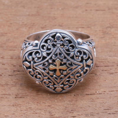 Gold accented sterling silver signet ring, 'Jagaraga Prince' - Cross-Themed Gold Accented Sterling Silver Signet Ring