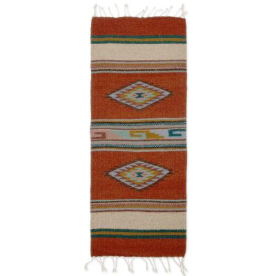 Zapotec wool table runner, 'Diamond-Stars' - Hand Made Zapotec Table Runner