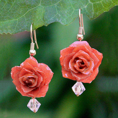Natural rose flower earrings, 'Timeless Russet' - Natural Flower Dangle Earrings