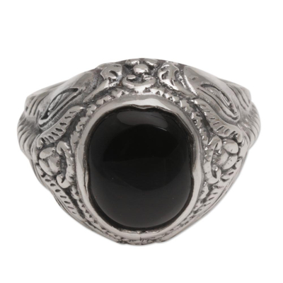 Onyx and Sterling Silver Elephant Cocktail Ring from Bali