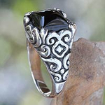 Onyx and Sterling Silver Cocktail Ring from Bali, 'Temple Goddess'