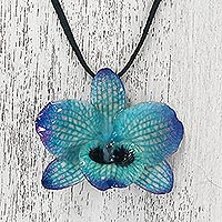 Natural orchid pendant necklace, 'Natural Feeling in Blue' - Adjustable Natural Orchid Necklace in Blue from Thailand