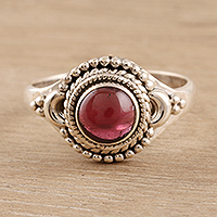 Garnet cocktail ring, 'Gemstone Moon' - Garnet and Sterling Silver Cocktail Ring from India