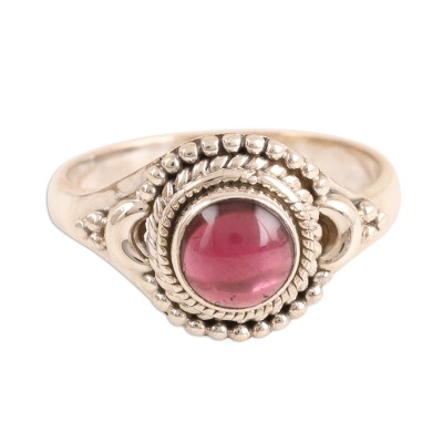 Garnet cocktail ring, 'Gemstone Moon' - Garnet and Sterling Silver Cocktail Ring from India