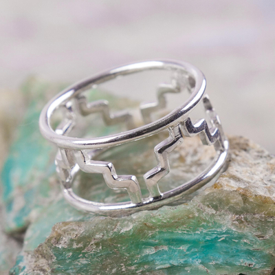 Sterling silver band ring, 'Astral Chacana' - Sterling Silver Band Ring with Inca Theme from Peru