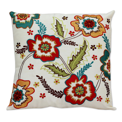 Cushion cover, 'Floral Celebration' - Hand Made Floral Applique Cushion Cover
