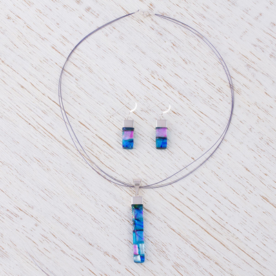 Dichroic art glass jewelry set, 'Luminous Blue' - Hand Crafted Modern Glass Pendant Jewelry Set