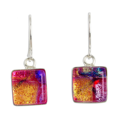 Dichroic glass dangle earrings, 'Luminous Squares' - Artisan Crafted Dichroic Glass Square Dangle Earrings