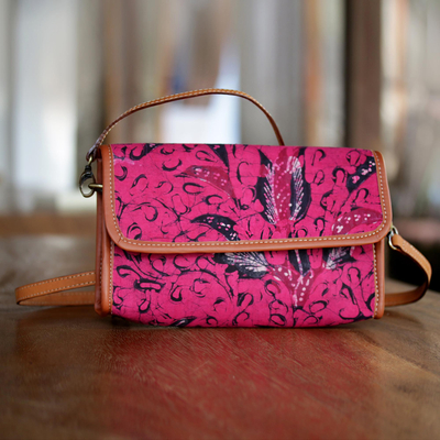 Cotton and leather accent batik shoulder bag, 'Pink Lady' - Pink Cotton Batik Shoulder Bag from Indonesia