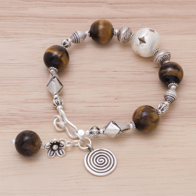 Tigerauge-Perlenarmband - Spiral-Charm-Armband mit Tigerauge und Karen-Silberperlen