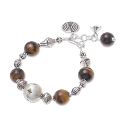 Tiger's eye beaded bracelet, 'Textured Treasures' - Tiger's Eye and Karen Silver Beads Spiral Charm Bracelet