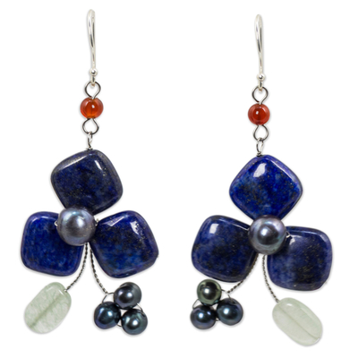 Lapis lazuli and aventurine dangle earrings, 'Blue Clover' - Handmade Lapis Lazuli and Aventurine Floral Earrings