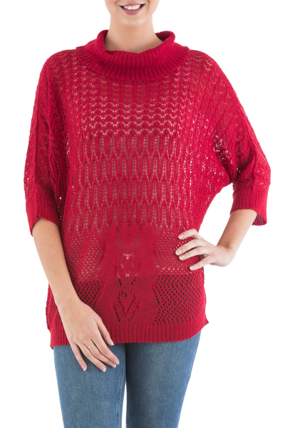 Pullover sweater, 'Evening Flight in Red' - Red Pullover Sweater with Three Quarter Length Sleeves