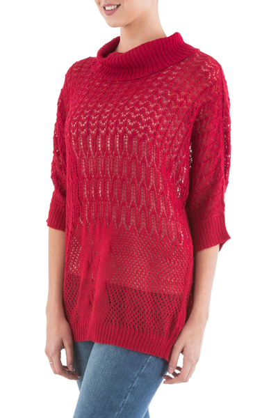 Pullover sweater, 'Evening Flight in Red' - Red Pullover Sweater with Three Quarter Length Sleeves