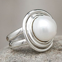 Cultured pearl cocktail ring, 'Stability' - White Pearl Cocktail Ring