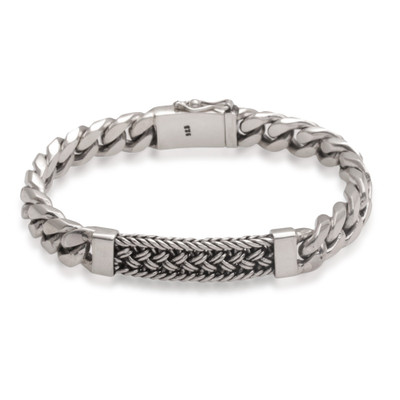 Men's sterling silver wristband bracelet, 'Braided Belt' - Sterling Silver Braided Wristband Bracelet from Bali