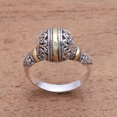 Gold accented sterling silver cocktail ring, 'Patterned Orb' - Round Gold Accented Sterling Silver Cocktail Ring