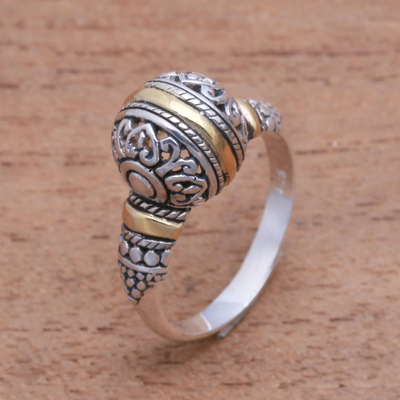 Gold accented sterling silver cocktail ring, 'Patterned Orb' - Round Gold Accented Sterling Silver Cocktail Ring
