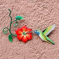 Steel wall art, 'Colibrí' - Hummingbird and Red Flower Steel Wall Art Crafted by Hand
