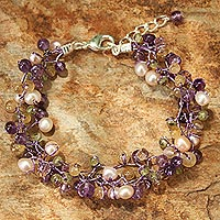 Cultured pearl and amethyst beaded bracelet, 'Mystic Passion' - Handcrafted Pearl and Amethyst Bracelet