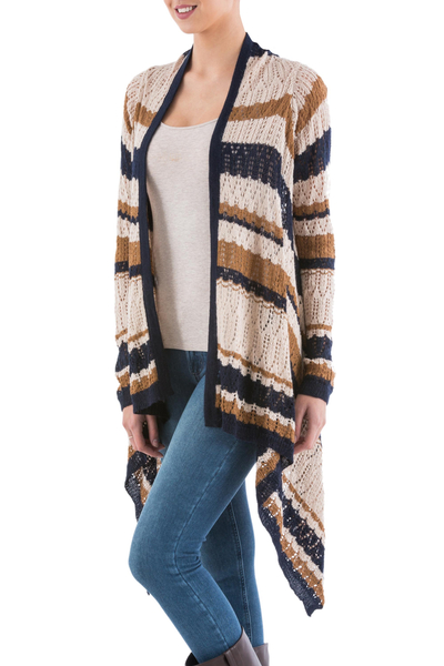 Cardigan sweater, 'Evening Mirage' - Striped Beige Cardigan Sweater from Peru