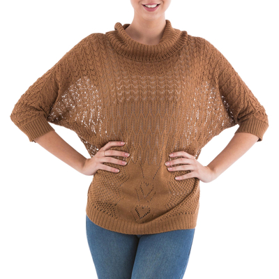 Brown Pullover Sweater with Three Quarter Length Sleeves