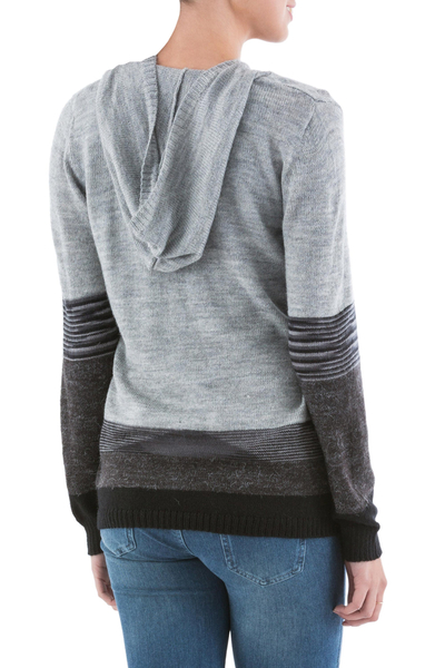 Hoodie sweater, 'Grey Imagination' - Black and Grey Striped Hoodie Sweater from Peru