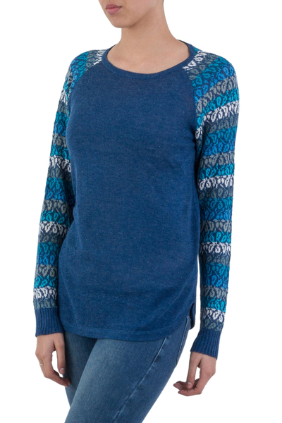 Cotton blend sweater, 'Garden Vine in Blue' - Tunic Sweater in Blue with Multi Color Floral Sleeves