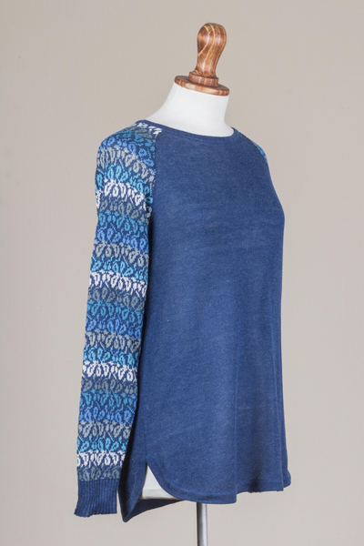 Cotton blend sweater, 'Garden Vine in Blue' - Tunic Sweater in Blue with Multi Color Floral Sleeves