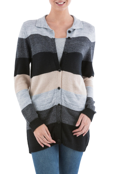 Cardigan sweater, 'Visual Addiction in Grey' - Black and Grey Striped Cardigan Sweater from Peru