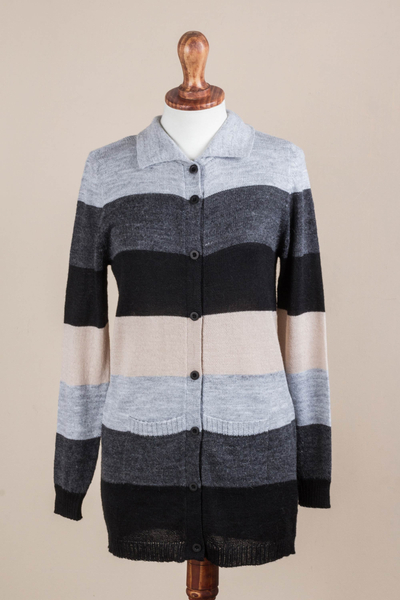 Cardigan sweater, 'Visual Addiction in Grey' - Black and Grey Striped Cardigan Sweater from Peru