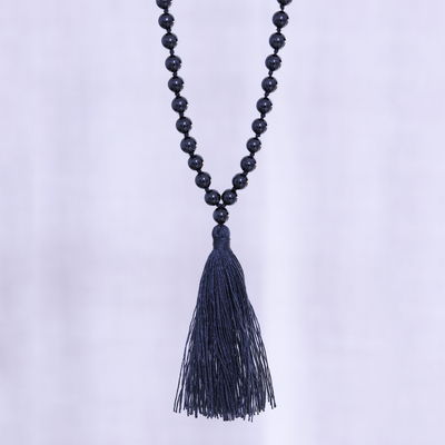Onyx long necklace, 'Contemporary Chic' - Hand Knotted Black Onyx Long Tassel Necklace