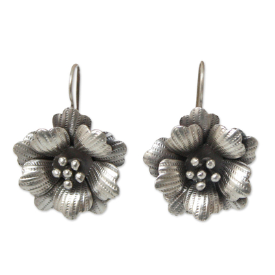 Silver drop earrings, 'Chiang Mai Rose' - Floral Silver Drop Earrings