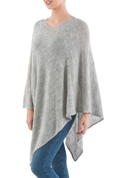 Poncho, 'Silver Tulip Petal' - Long Silver Poncho with Zig Zag Pattern from Peru