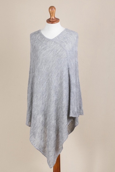 Poncho, 'Silver Tulip Petal' - Long Silver Poncho with Zig Zag Pattern from Peru